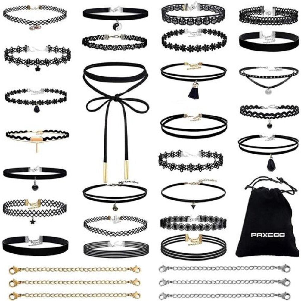 Black Lace Velvet Choker Necklace Set – 26 Styles with  6 Adjustable Chains
